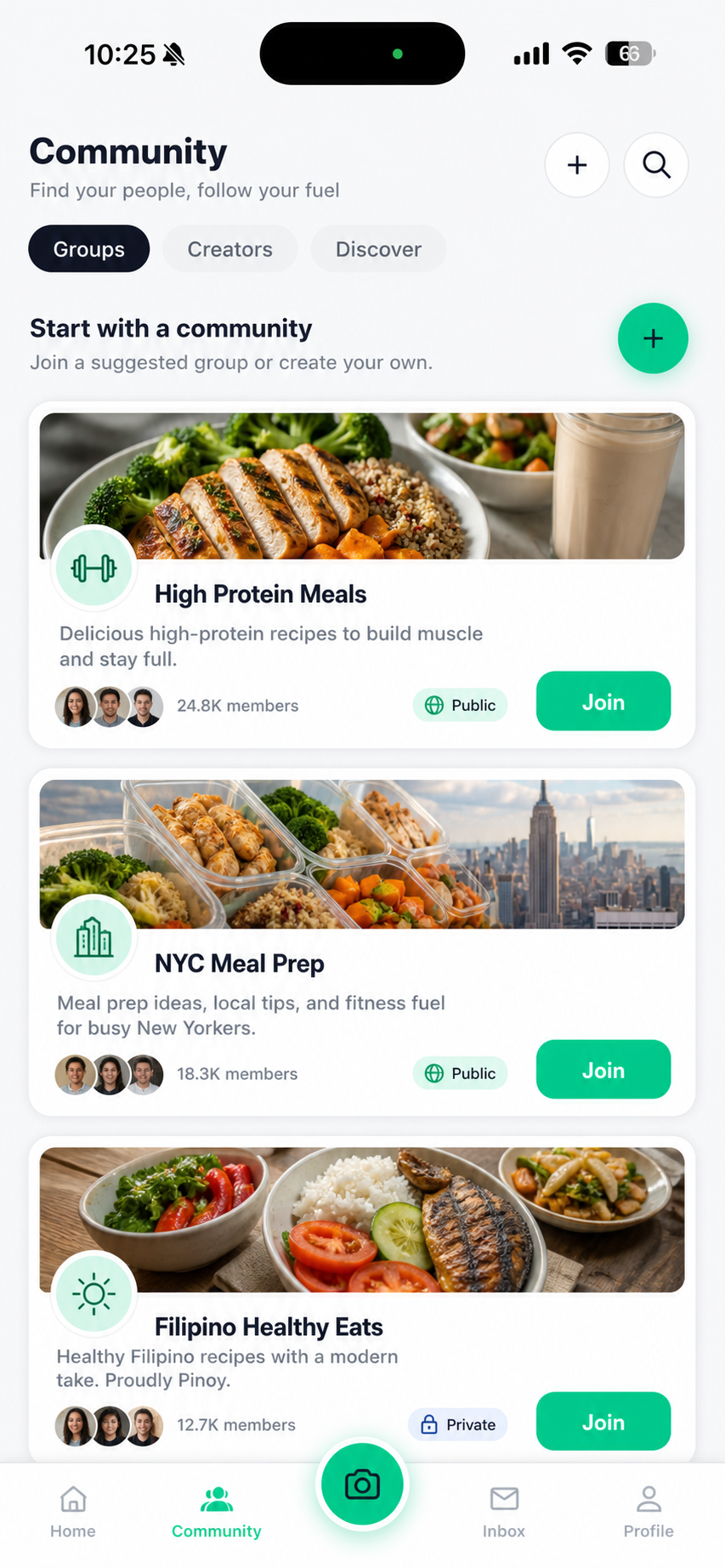 QCal Community feed with groups and creators