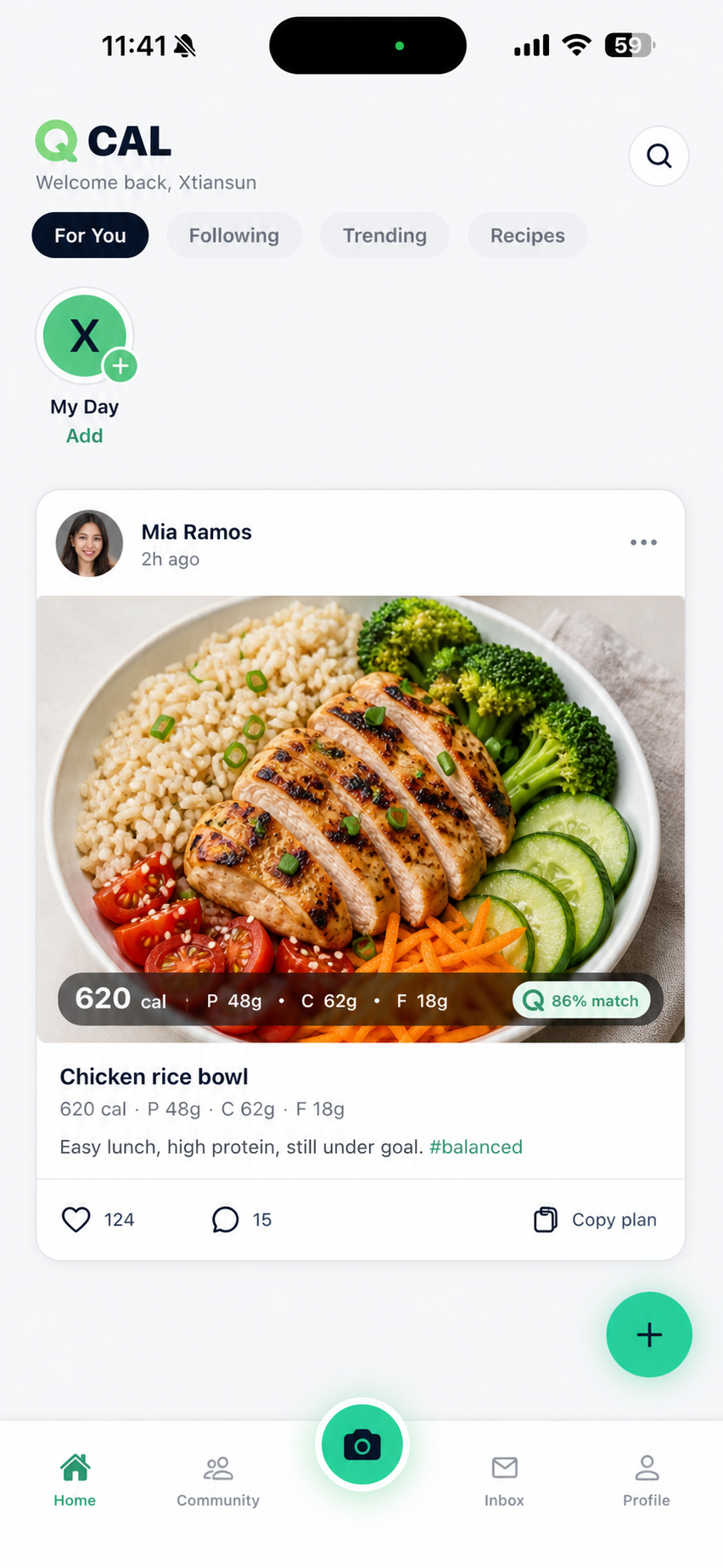 QCal home feed with AI-detected macros on a chicken rice bowl